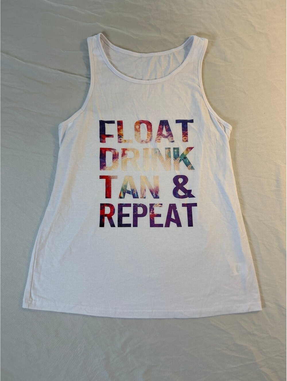 Womens Small Float Drink Tan & Repeat Graphic Tank Top White Sleeveless Bea